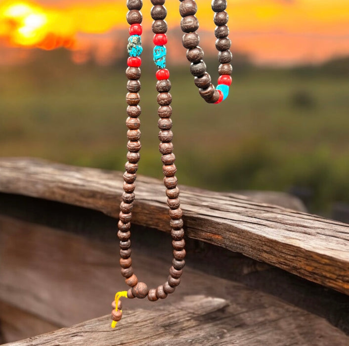 Bodhichita mala usata con turchese e corallo di bamboo tibetano